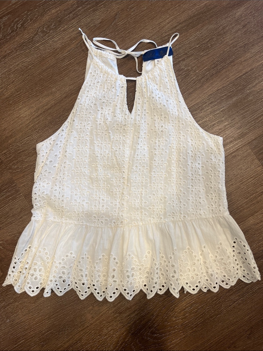 Blue Rain White Eyelet Halter Peplum Camisole